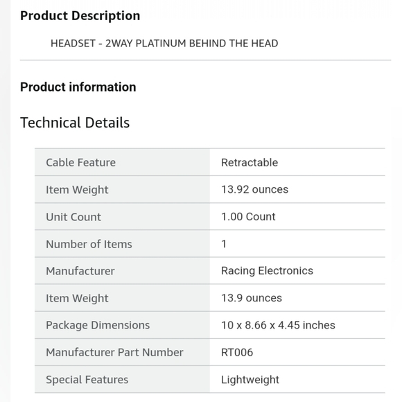 Racing Electronics RT006 Headset Platinum Series - Picture 3 of 4